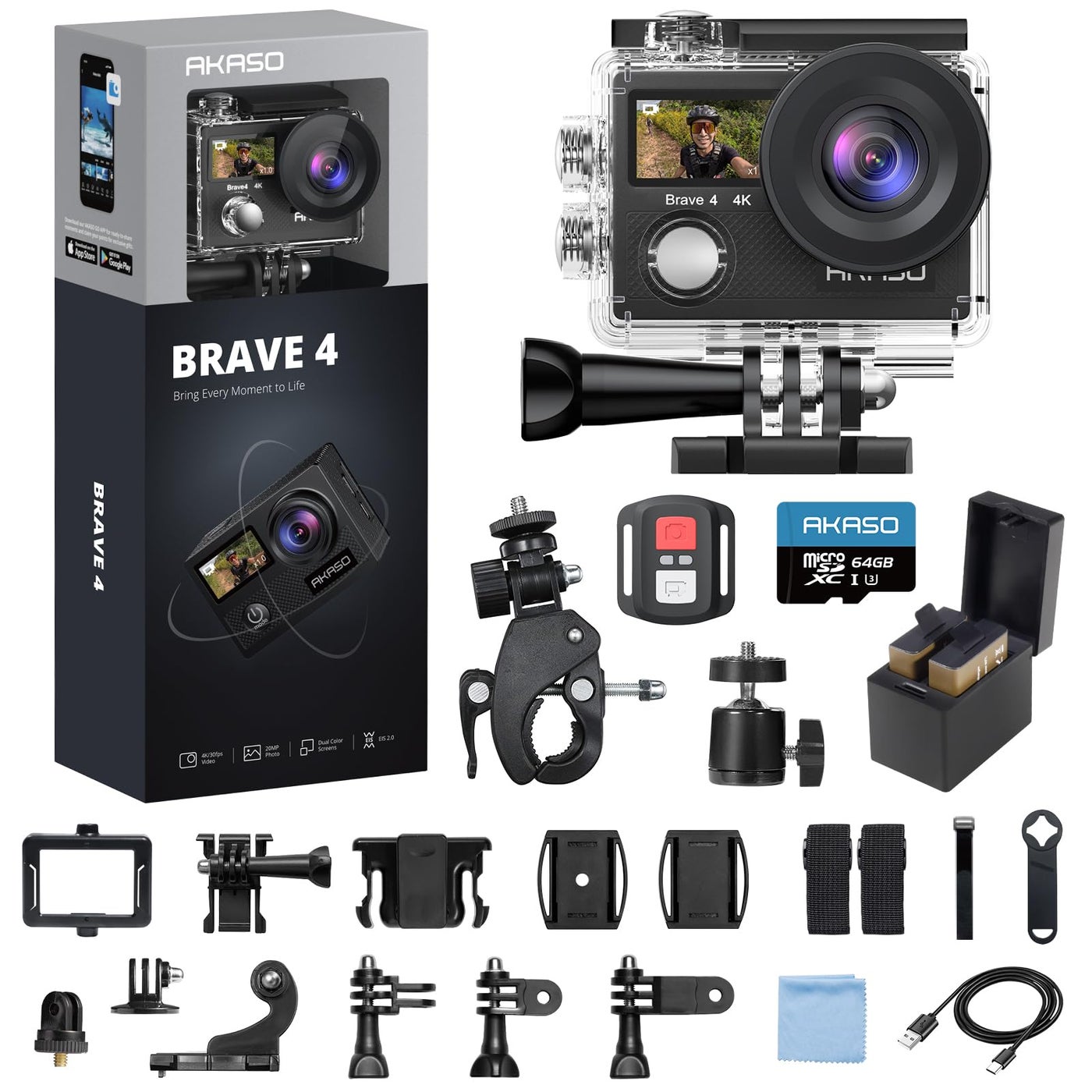 Compare AKASO Brave 4 Action Camera 4K 30fps with 64GB MicroSD U3 Card Bicycle Helmet Accessories Kit Bundle, 20MP Ultra HD 131FT Waterproof Underwater Camera EIS WiFi Remote Control 5X Zoom Sport Cameras at KSA Price