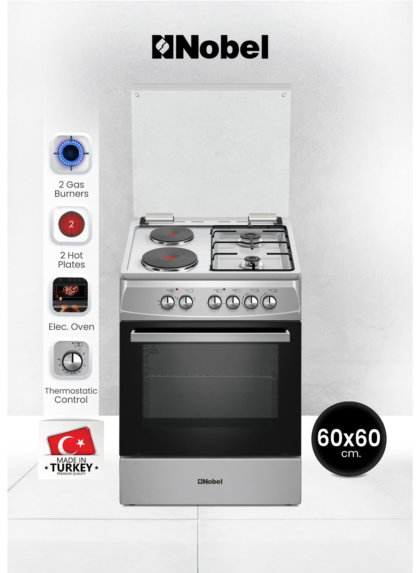 Compare 60x60 Cooking Range with 2 Gas Burners & 2 Electric Hotplates, 70L Electric Oven, Automatic Ignition, Double Glass Door & Glass Top Lid, Made in Turkey  – 1 Year Warranty NGC7222I silver at KSA Price