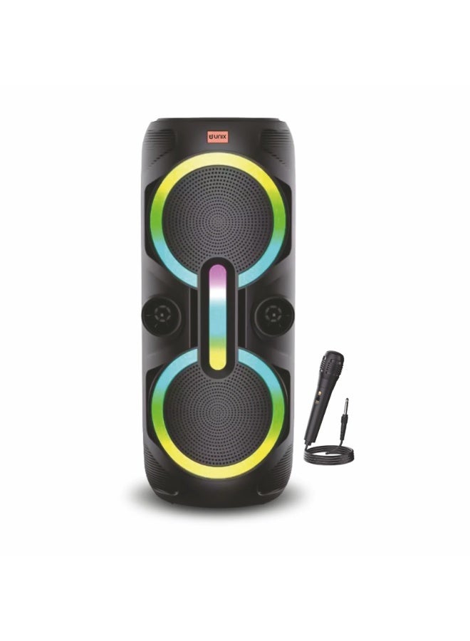 Compare UNIX VEZ 40W Bluetooth Party Speaker with RGB Lights | TWS Stereo | Wireless Mic & Remote | MultiMode Playback, 4000mAh Battery | Black at KSA Price