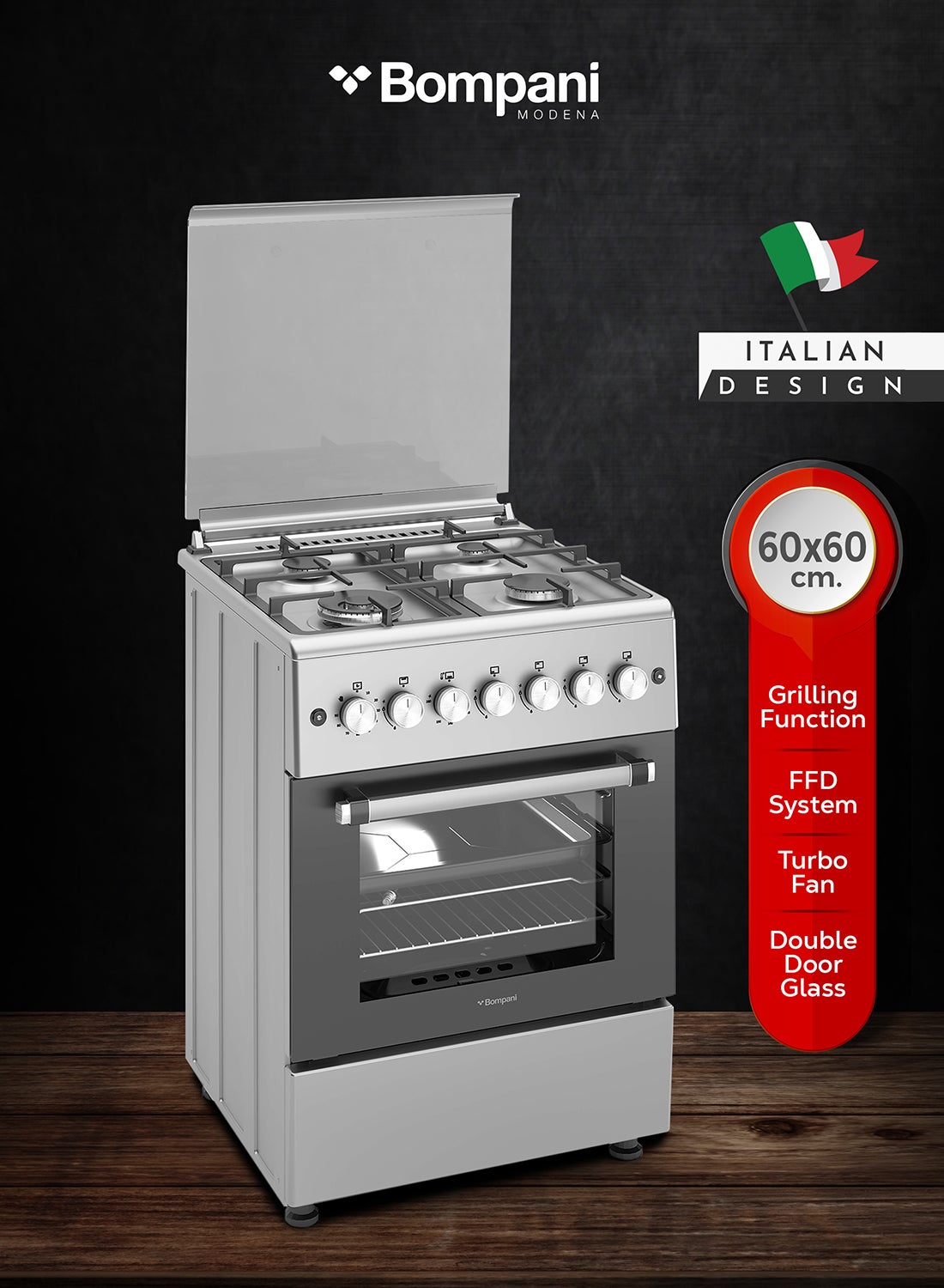 Compare Bompani 60x60cm 4Burner Cooking Range with Mechanical Timer, Gas Oven, Grill, FFD, FullSafety, Automatic Ignition  One Year Manufacturer Warranty BO613YAL Silver at KSA Price
