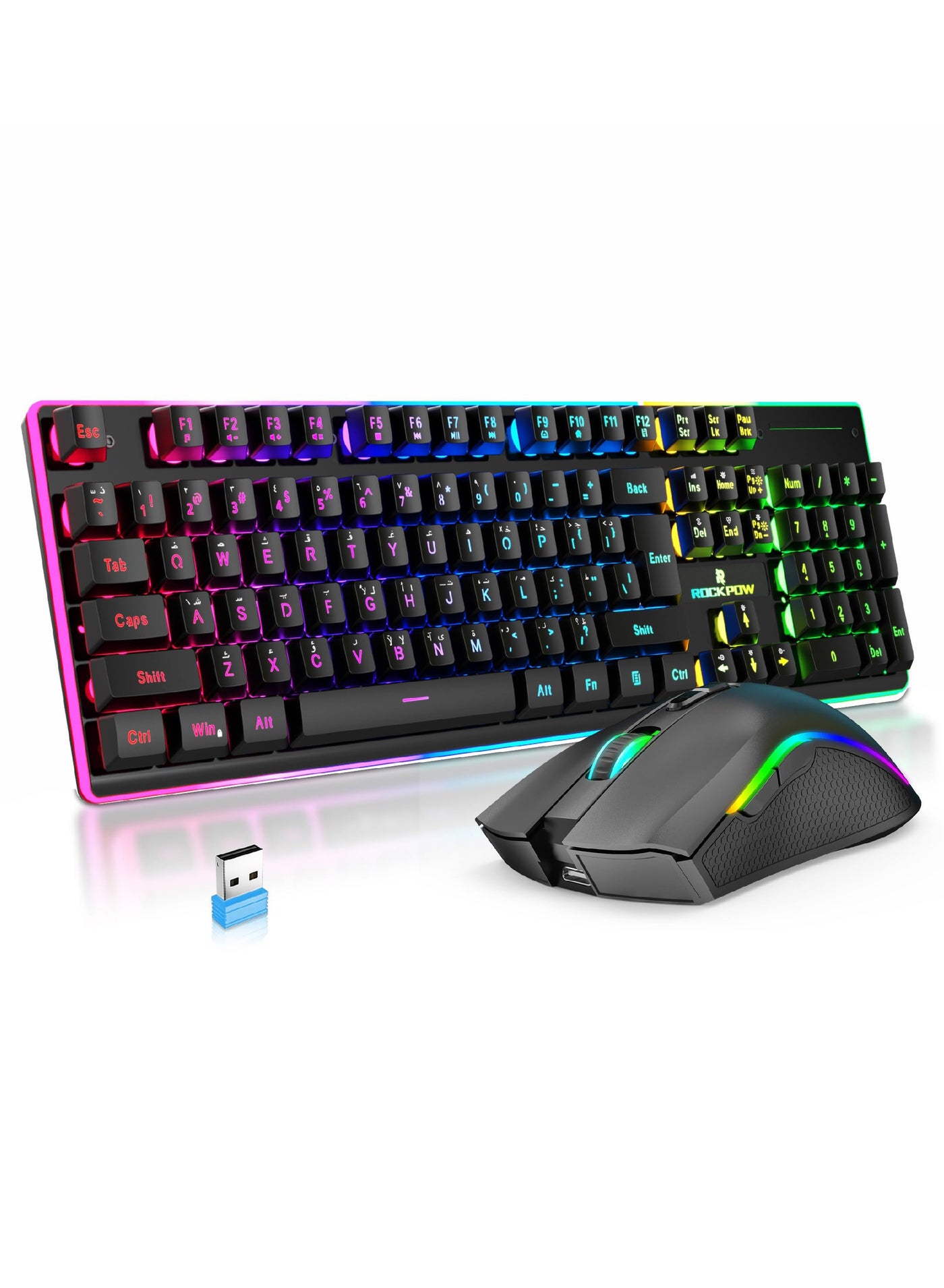 Compare ROCK POW Arabic English 2.4G Wireless Gaming Keyboard and Mouse Combo,Gaming Combo include 1004 keys Merchanical Feel Keyboard Antighosting RGB Rechargeable 3000mAh Battery, Ergonomic Design RGB Wireless Mouse Mice 4800 DPI Rec at KSA Price