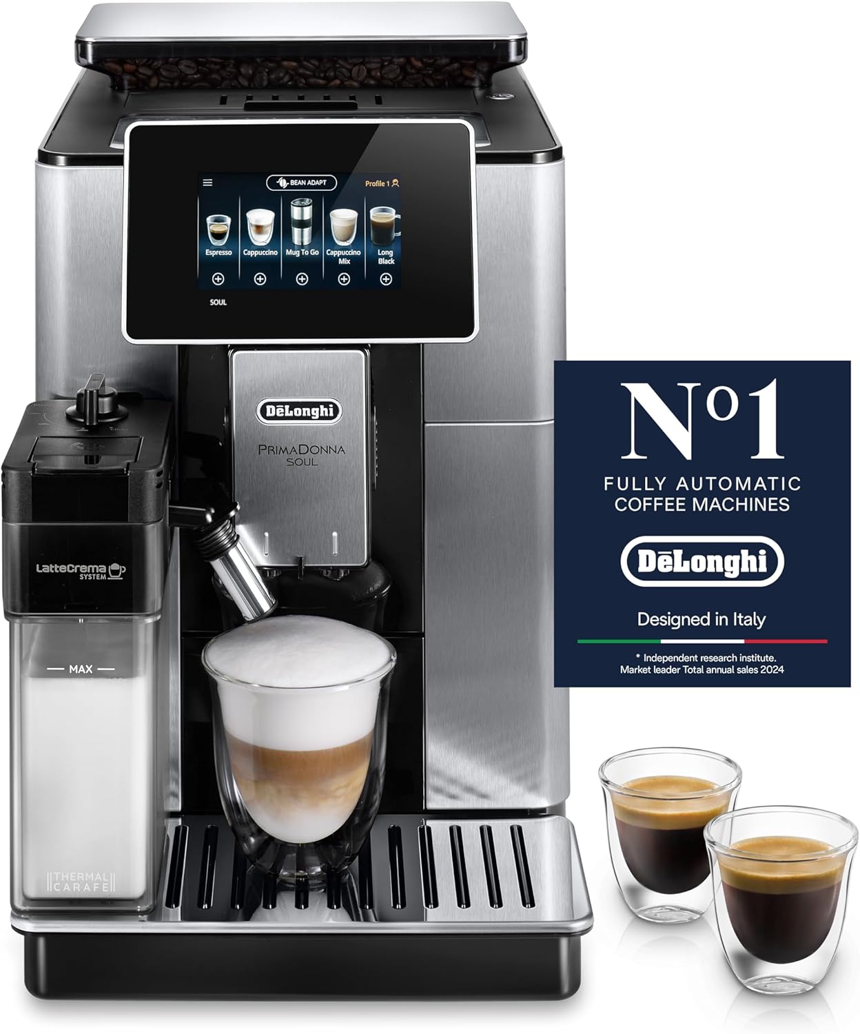 Compare Coffee Machine PRIMADONNA SOUL Fully Automatic Bean to Cup Coffee Machine, 18+ Functions, Ideal for Espresso, Americano, Cappuccino, Latte, Macchiato & Many More Coffee Recipes 2 L 1450 W ECAM610.75MB Silver at KSA Price