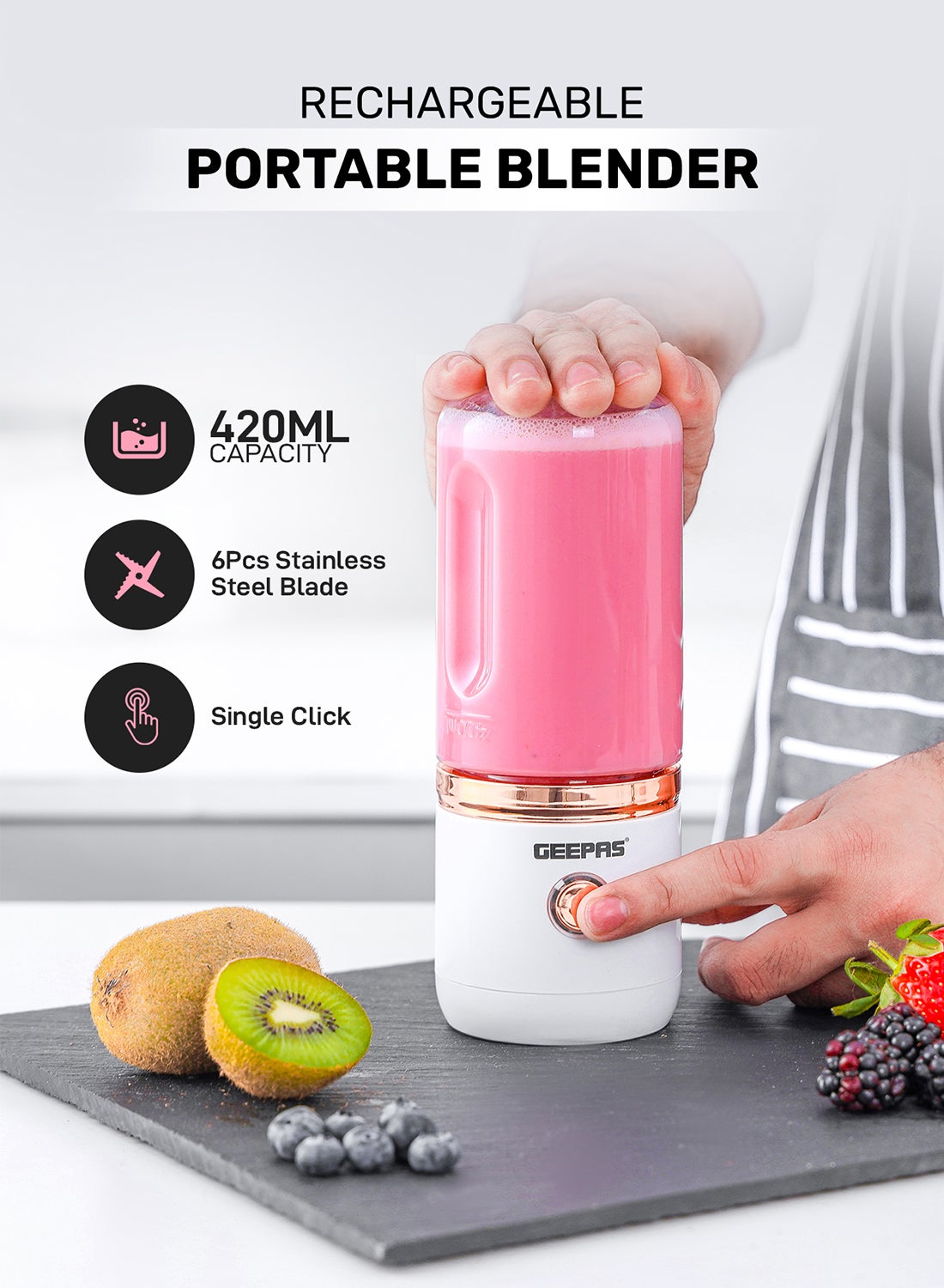 Compare Rechargeable Portable Juicer With Stainless Steel Six Blades, 1 Motor Base, 1 Tritan Bottle, 1 Blade Cover, 1 Bottle Cover, Type C 0.5m  Cable, Safety Protection Switch 420 ml 150 W GSB44058 White at KSA Price