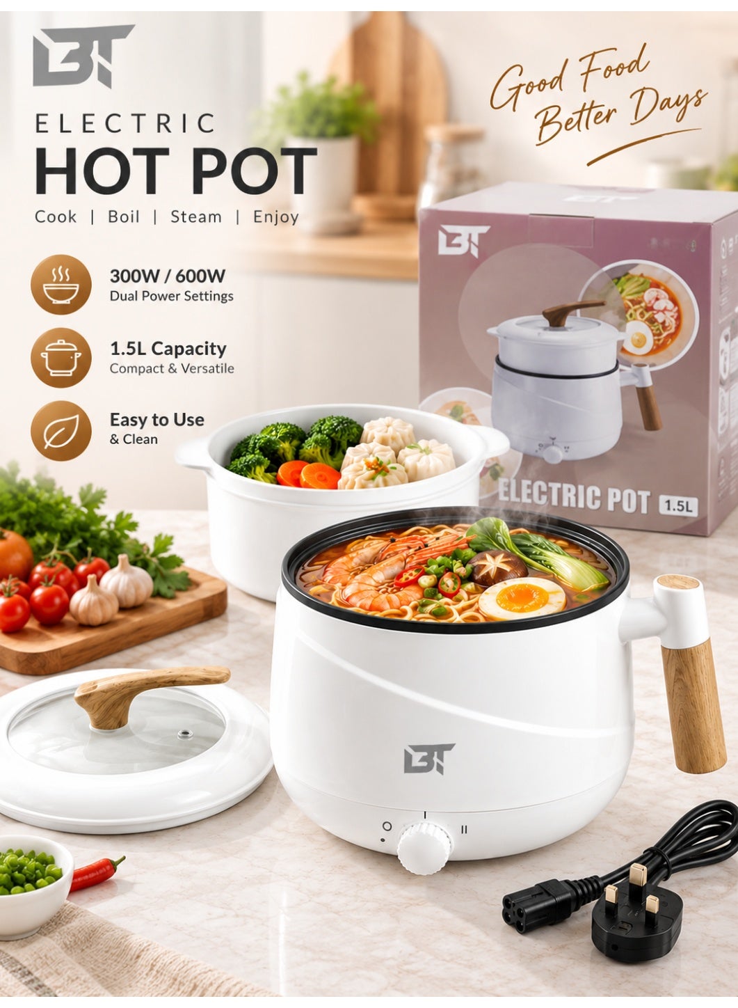 1.5L Electric Hot Pot with Steamer & Lid – Multipurpose…