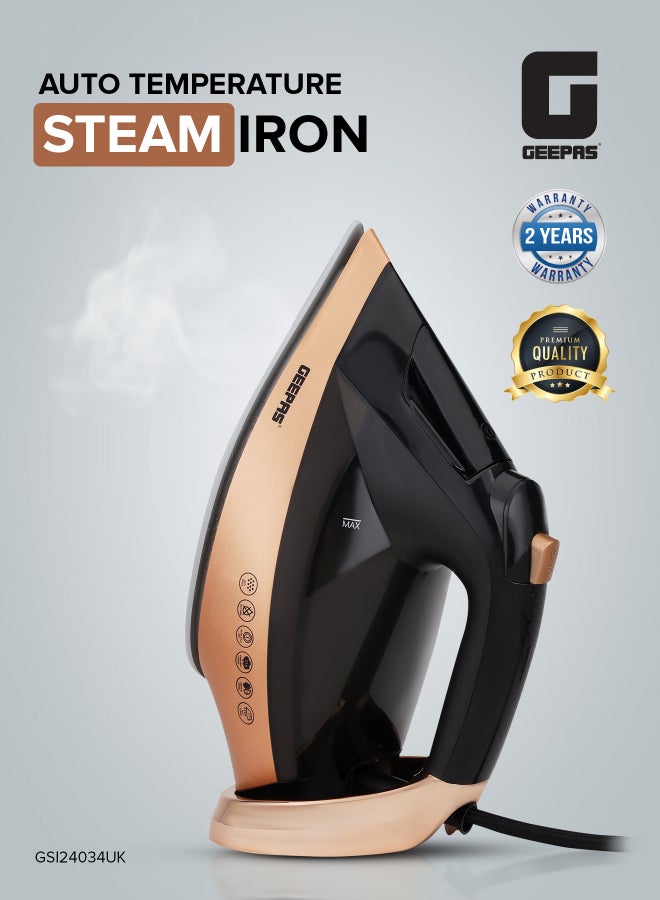 Compare Auto Temperature Steam Iron 2600 W | NonStick Ceramic Coated Soleplate, Comfortable Handle with Multiple Functions | 
360 Degree Rope Guard, Suitable for All Kinds of Fabric| 1.5 L 2600 W GSI24034UK black and gold at KSA Price