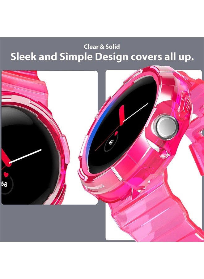 Compare for Google Pixel Watch Case with Band for Women Men Protective Durable Transparent Replacement Adjustable Wristband Clear Shockproof Bumper Strap Band designed for Google Pixel Watch 2022 Pink at KSA Price