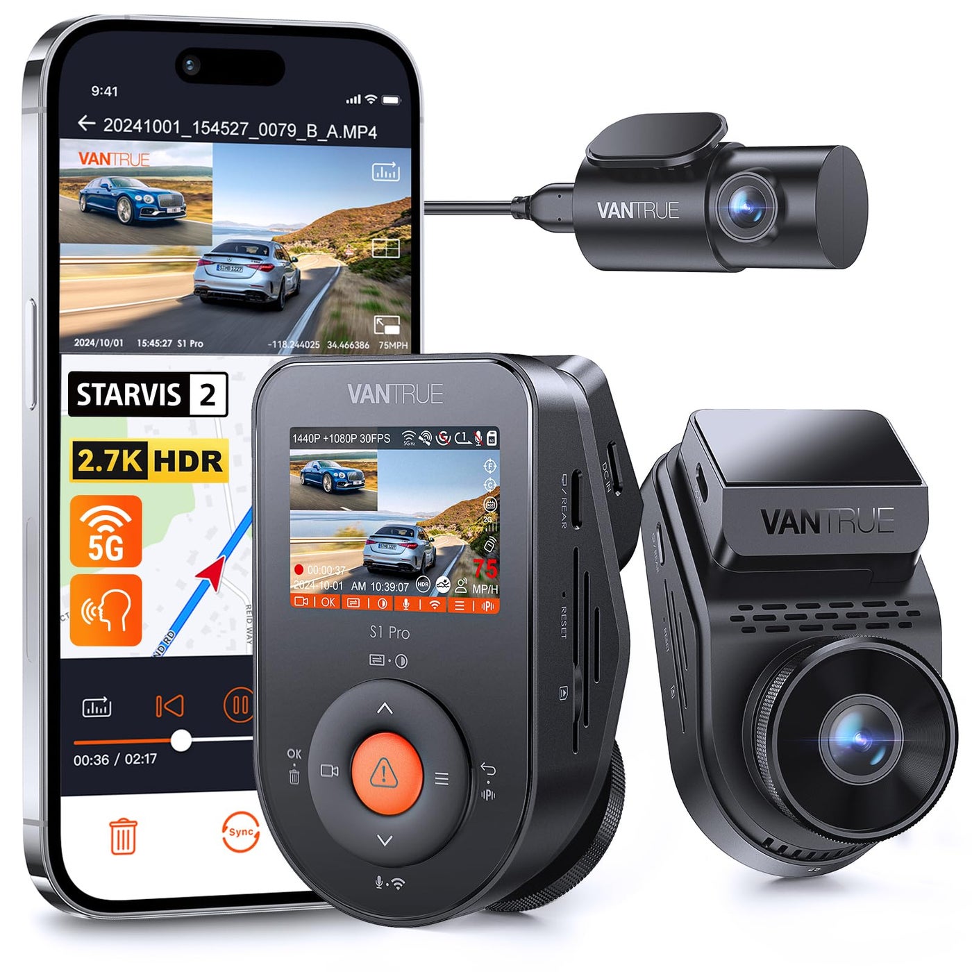 Vantrue S1 Pro AI Dash Cam Front and…