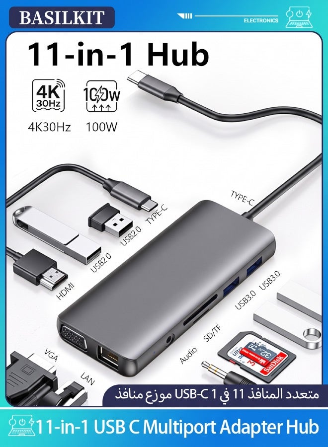 Compare USB C Hub 11‑in‑1 Dual HDMI 4K At 30Hz & VGA 1080P@60Hz Display Docking Station, 100W PD Power Delivery Fast Charging, 1000Mbps Network Hub, USB3.0*2 & USB2.0*2, Gigabit Ethernet, SDTF Card Reader, 3.5mm Audio Jack, Compatible For MacBook Pro | Grey at KSA Price