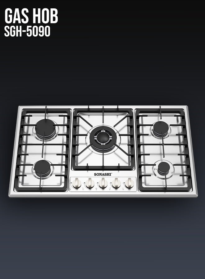 Compare 90cm Stainless Steel Gas Hob | with Front Control Panel, Cast Iron Pan Stands, Electric Ignition & Flame Failure Safety Device | European Design Burners for High Efficiency & Durable Performance | SGH5090 SGH5090 silver at KSA Price