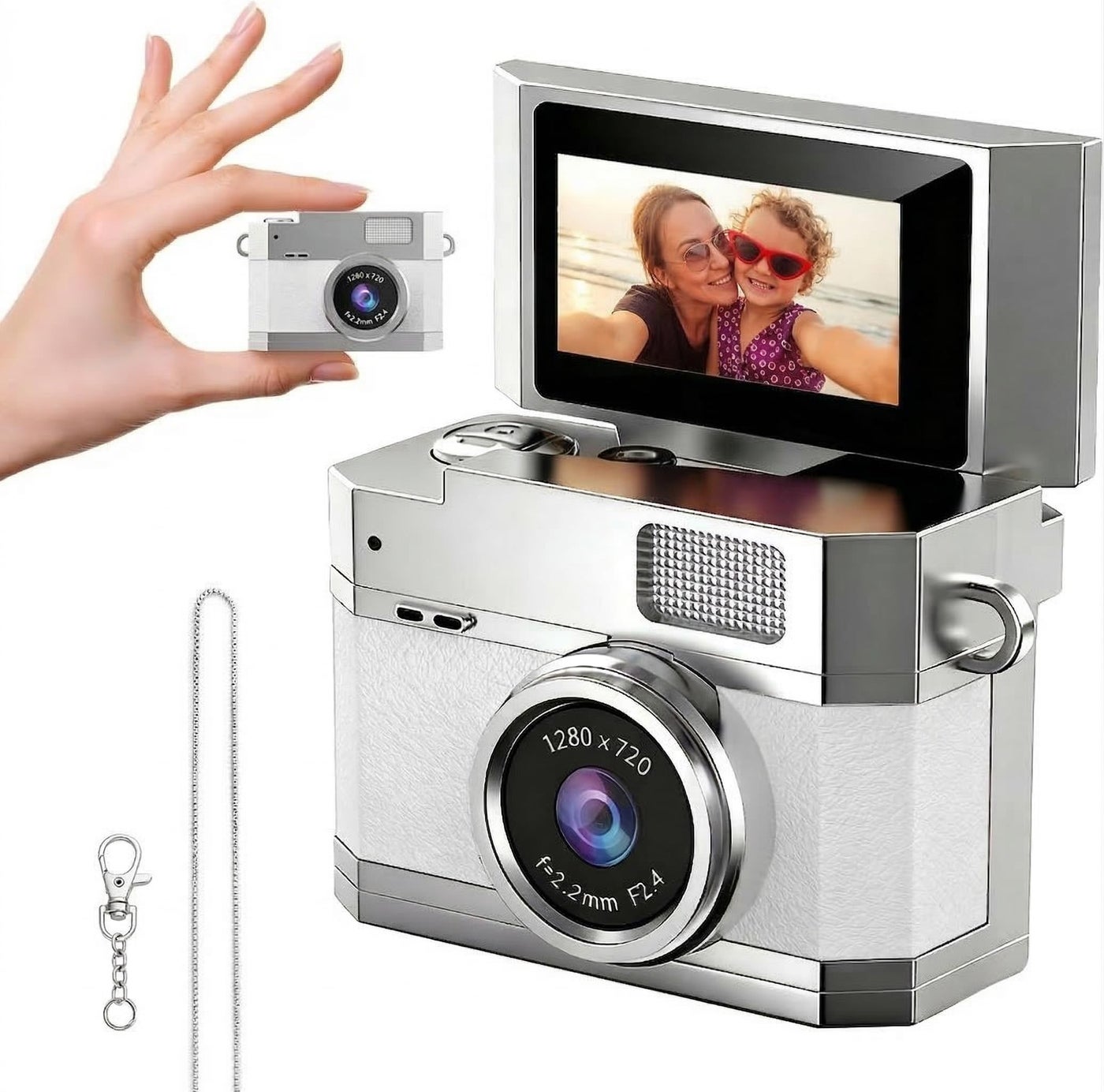 Compare Mini Keychain Digital Camera White  HD Mini Digital Camera with 0.96 Flip Screen & 32GB Card, Portable Wearable Keychain Camera for Bag Charm, Necklace Pendant, Selfie, Travel, and Vlogging at KSA Price
