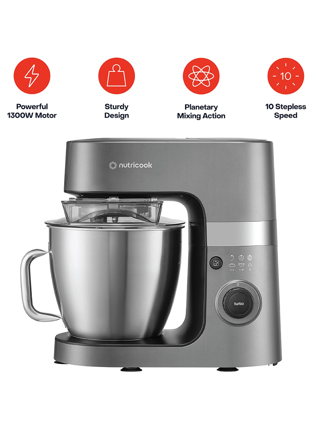 Compare Stand Mixer – 6.3L Stainless Steel Bowl, 10 Stepless Variable Speeds, Planetary Mixing Action, Sturdy Base, SS Whisk And CeramicCoated Hook And Beater for Heavy Doughs, 2Year Warranty 6.3 L 1300 W NCSM330 Grey at KSA Price