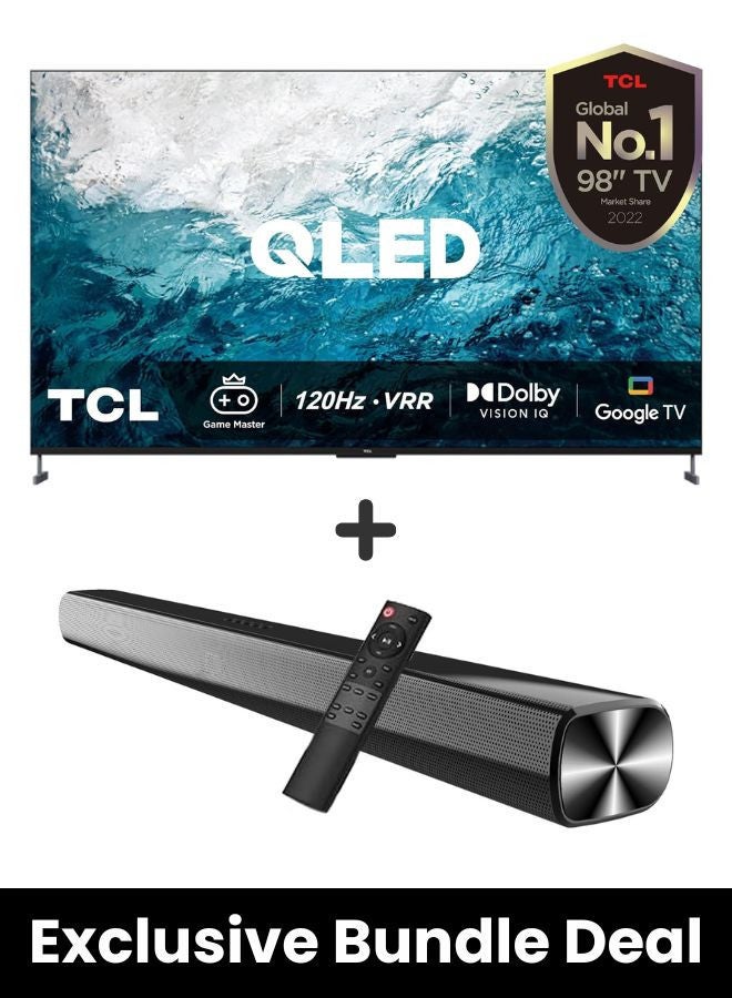 Compare TCL 98C735 4K QLED TV & Soundbar Bundle – HDR 10, Dolby Vision IQ, Atmos, 120Hz MEMC  |Immersive 2Channel Sound, USB, HDMI, Bluetooth & More 98C735+SOUNDBAR black at KSA Price
