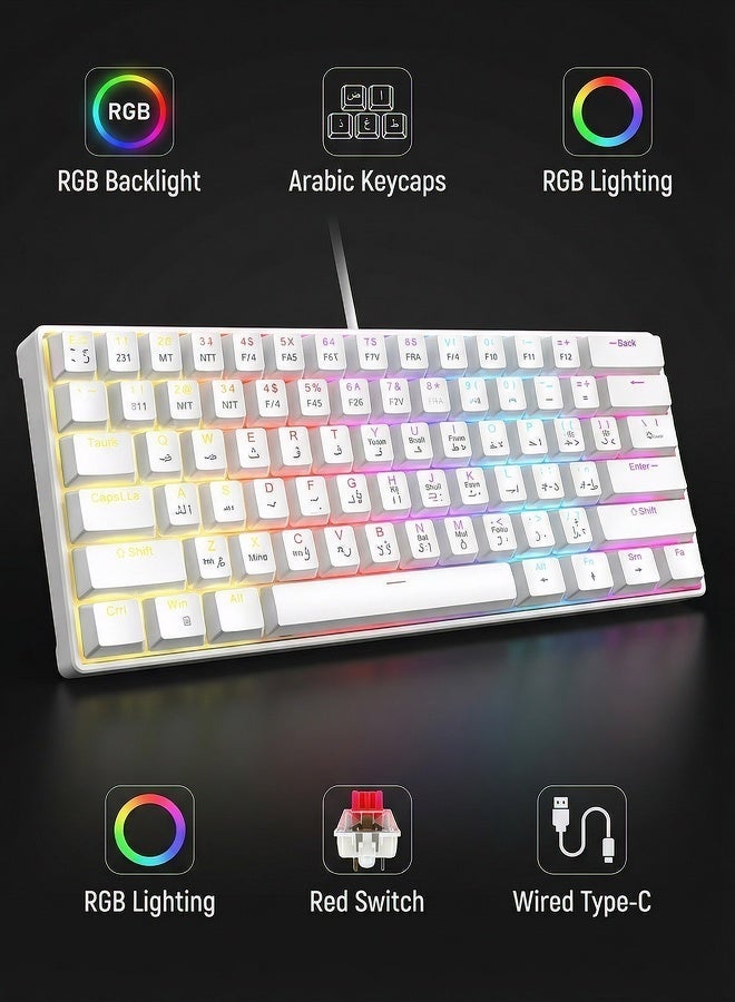 Compare Keyboard, gaming keyboard, red axis, Arabic keycap, Arabic keyboard, 12 RGB scrolling lighting effect, TypeC interface, 61 compact key design, white wired keyboard at KSA Price