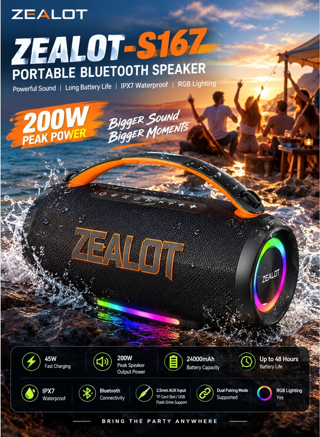 ZEALOT S167 Bluetooth Speaker 200W Portable Outdoor…