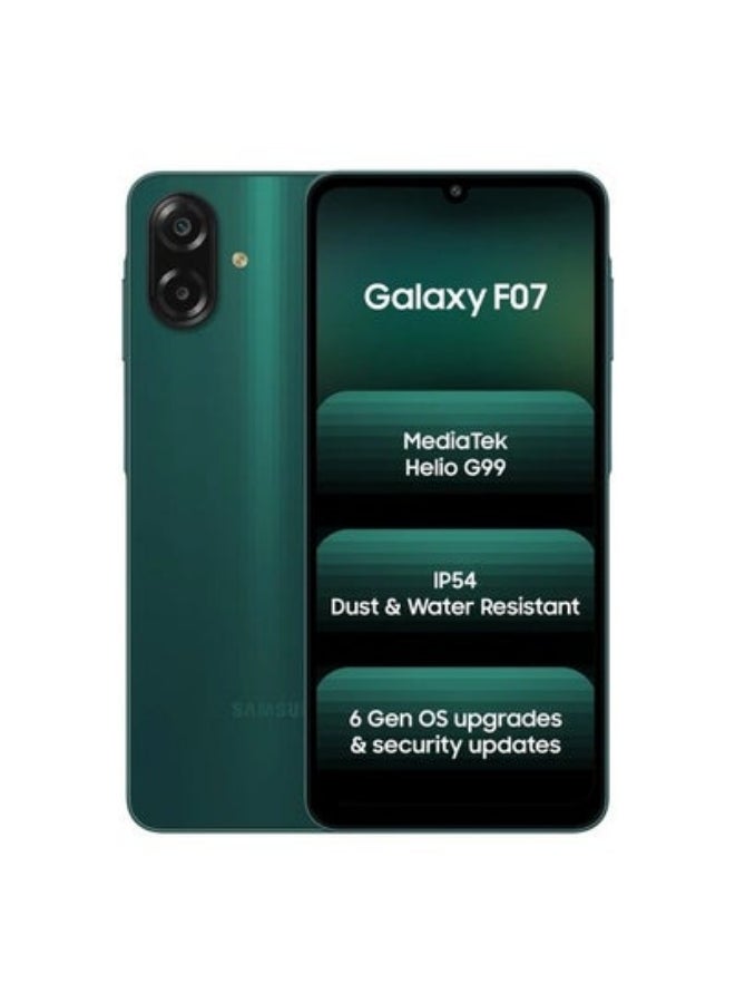 Compare Galaxy F07 Green, 64 GB 4 GB RAM | MediaTek Helio G99 | IP54 Rating | 50MP Auto Focus Camera | 7.6mm Slim | 5000mAh Battery| 25W Fast Charging | 6 Gen of OS Upgrades | Without Charger at KSA Price