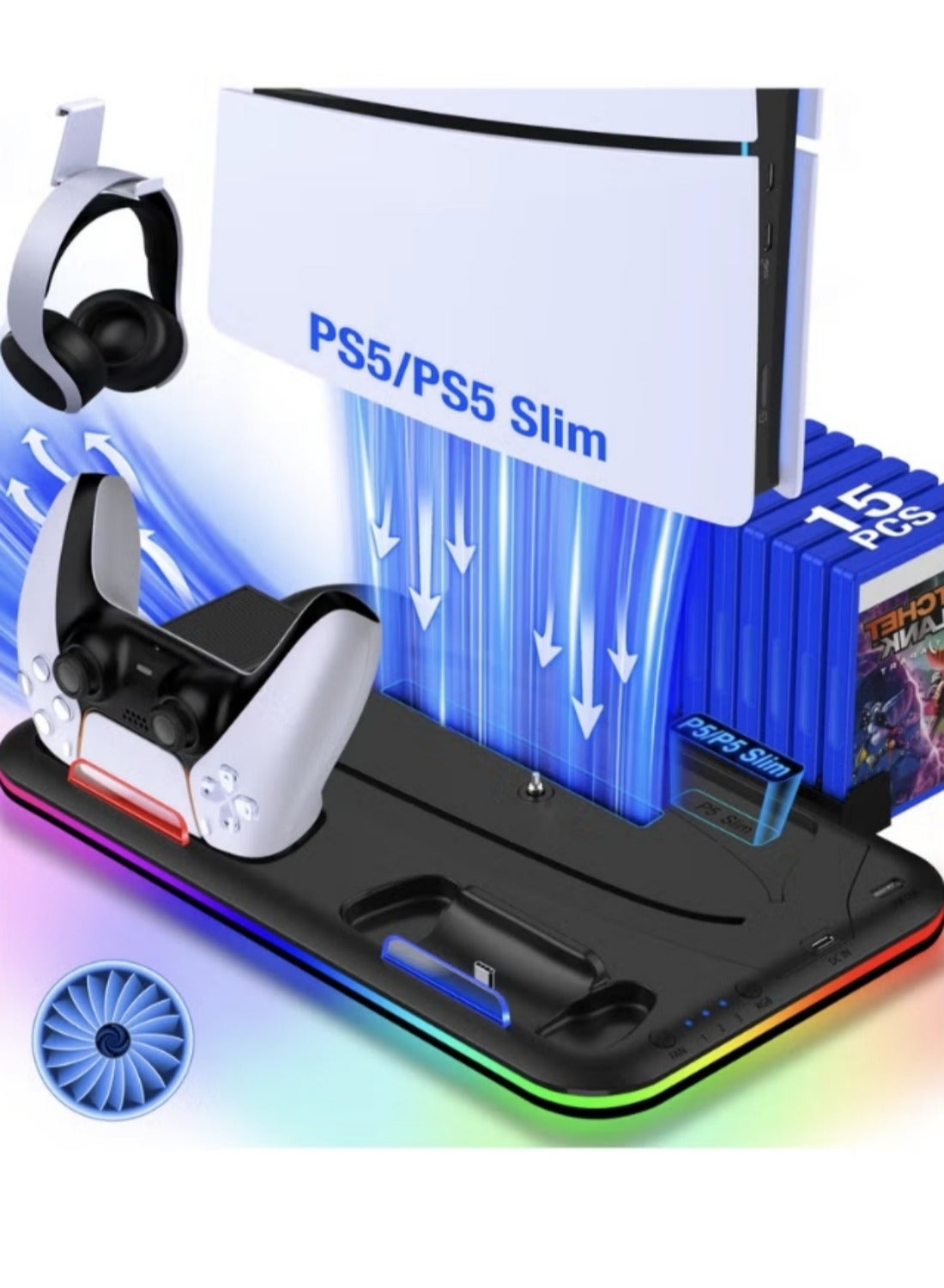 Compare P5 ProSlimP5 DIgitalDisc Stand and Cooling Station with RGB LED Charging Station for PS5 Console Cooling Dock with Cooling Fan and Dual PS5 Controller Charger Headset Holder Game Slot at KSA Price