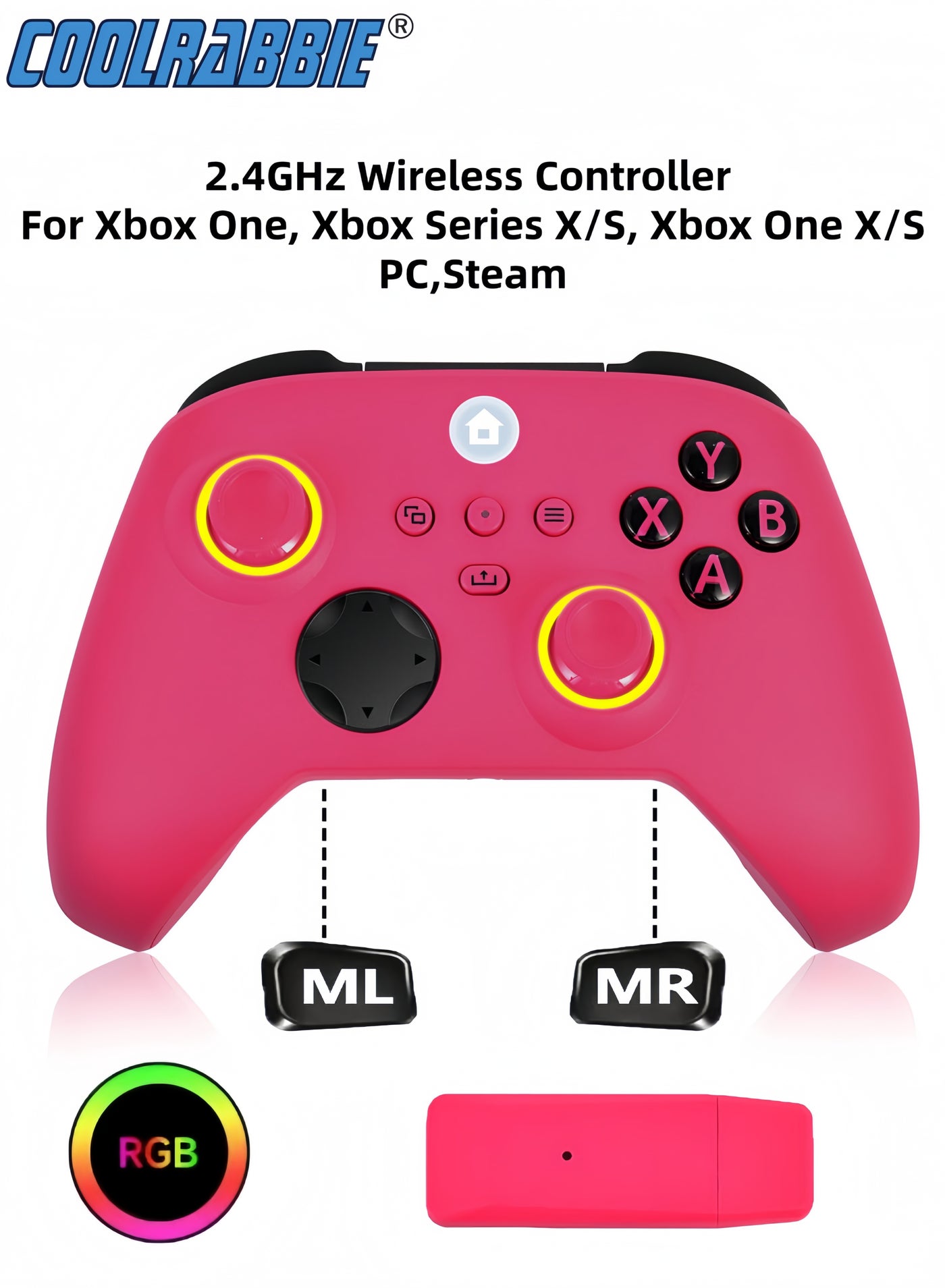 Compare RGB Wireless Game Controller For Xbox One, Xbox Series XS, Xbox One XS, PC, With 800mAh Battery, Programmable, Turbo Function, 4 Lighting Modes, With 2.4GHZ Wireless Adapter Gamepad With Hall Effect Joysticks , Pink at KSA Price