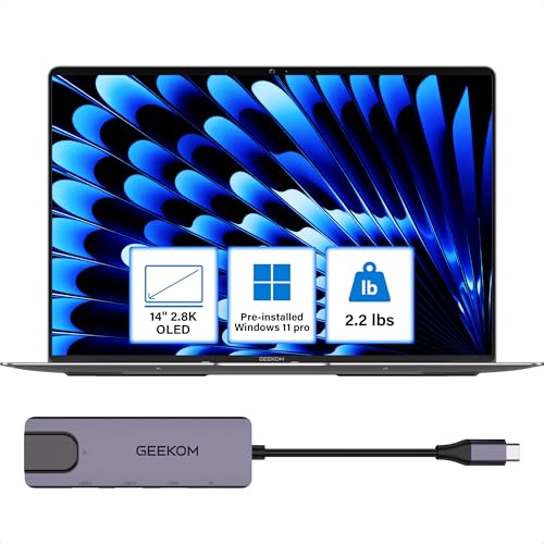 Compare GEEKOM GeekBook X14 Pro Laptop, 2.2lbs Ultra Thin 14 2.8K OLED Laptop Computer, Ultra 9 185H, 32GB LPDDR5x 7500MHz RAM 2TB SSD, Up to 16 Hour, 2X USB4, Fingerprint, Hub, Copilot, Windows 11 Pro at KSA Price