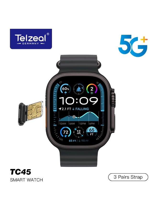 Compare Telzeal TC45 5G+ Smart Watch 2.2 Inch HD Display With 8MP Camera Sim Card Support and 3 Pair Straps Designed for Ladies and Gents Black at KSA Price