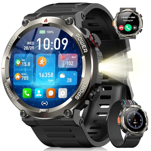 Compare Military Smart Watch for MenAnswerMake CallsOutdoor Smartwatch with 100 Days BatteryFlashlightCompassHeart RateSpO2Sleep Monitor2 Straps Rugged Fitness Watch for iPhoneAndroid Phones at KSA Price