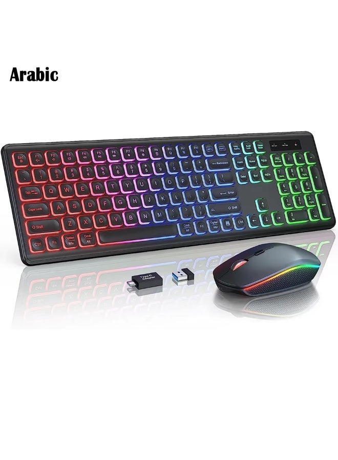 Compare ArabicEnglish Wireless Keyboard and Mouse Combo RGB Backlit, Rechargeable Light Up Letters, FullSize, Ergonomic, Sleep Mode, 2.4GHz at KSA Price