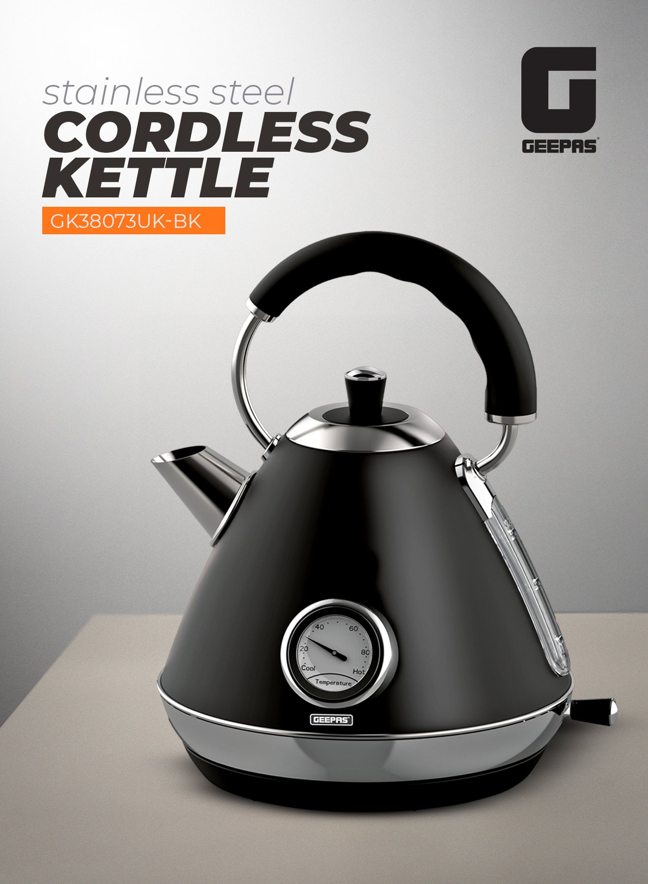 Compare 1.7L Stainless Steel Cordless Kettle – Boil Dry Protection, Auto SwitchOff, Strix Controller, Detachable Filter, Temperature Gauge, 360° Rotational Base, Concealed Heating Element 1.7 L 3000 W GK38073UKBK black at KSA Price