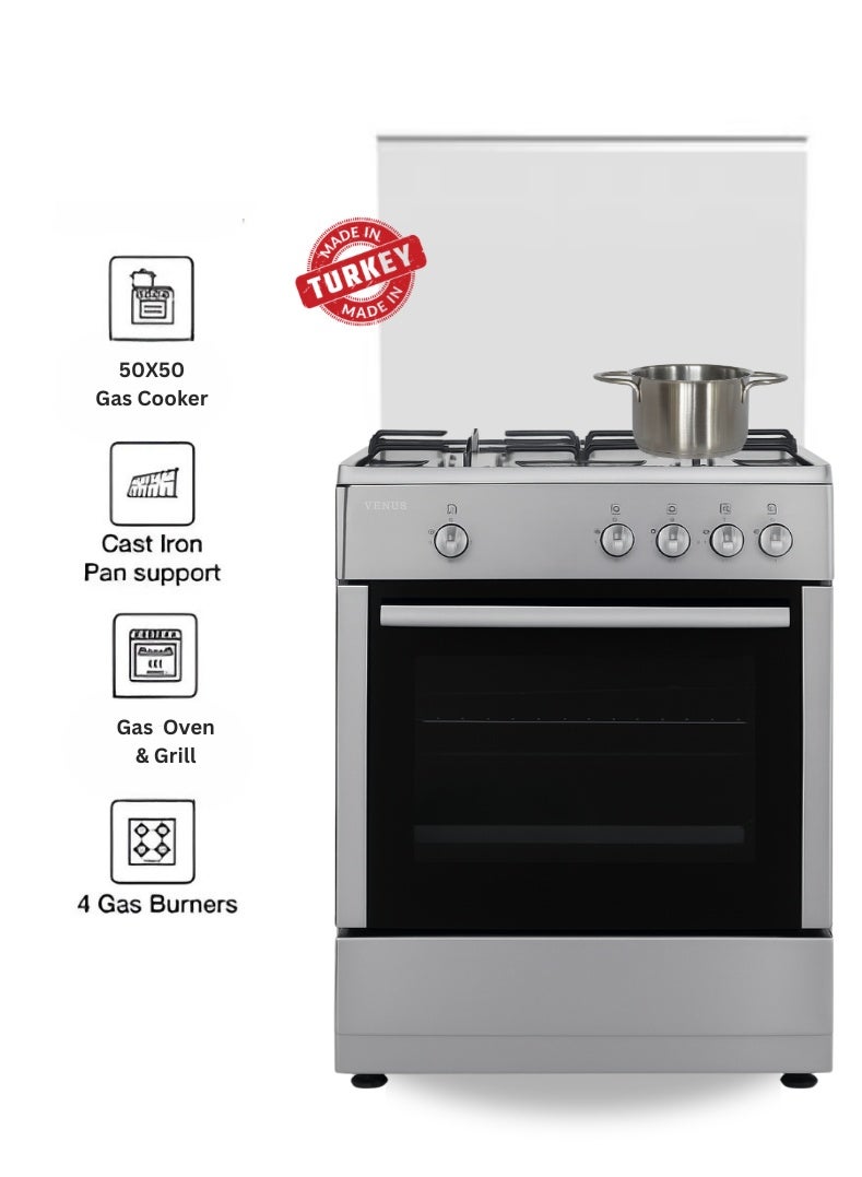 Compare 55x50 cm Stainless Steel Cooking Range | 4 Gas Burners with AutoIgnition | Gas Oven & Grill with Double Layer Insulation | Chrome Finish Knobs | Made in Turkey – Model VC5540GSX at KSA Price