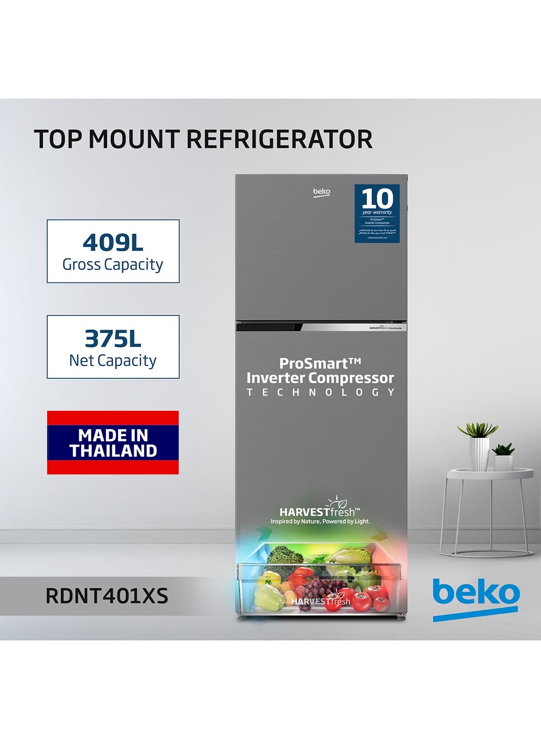 Compare 409L Gross 375L Net Capacity, Double Door Refrigerator, Top Mount, No Frost, Harvest Fresh Technology, NeoFrost Dual Cooling, Low Noise, CoolRoom, 10 Years Warranty on ProSmart Inverter Compressor, Made in Thailand RDNT401XS Grey at KSA Price