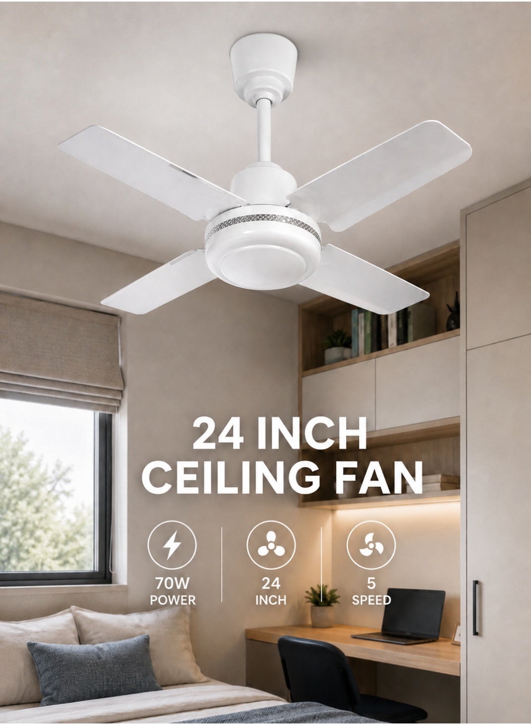 Compare 24Inch Ceiling Fan 70W High Speed 4Blade Design with 5Speed Regulation Switches – Sleek White Metal Finish & Silent Ball Bearing Motor at KSA Price