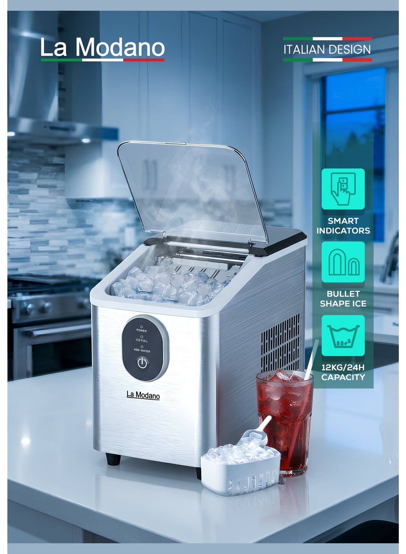 Compare LA MODANO Ice Maker Machine 12Kg24H Bullet Ice, Stainless Steel Body, Compact Countertop Design, Fast Ice Making – LMIM37 1 Year Warranty at KSA Price