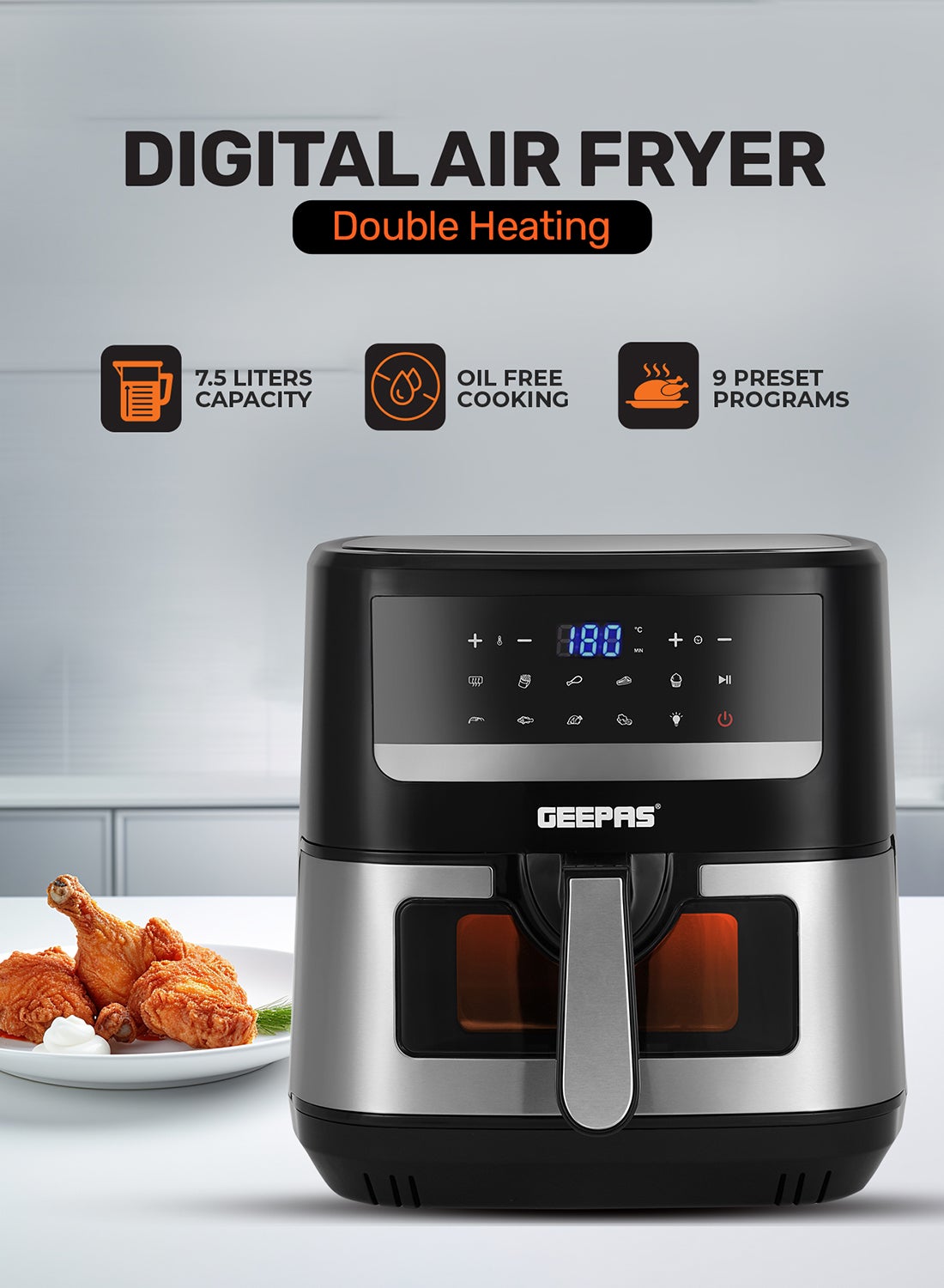 Compare Double Heating Digital Air Fryer 7.5 L | Vortex Frying Technology | Digital Display 160 min Timer | 9 Preset Programs, Fries Chicken & more | 2 Years Warranty 7.5 L 2150 W GAF37543 BlackSilver at KSA Price