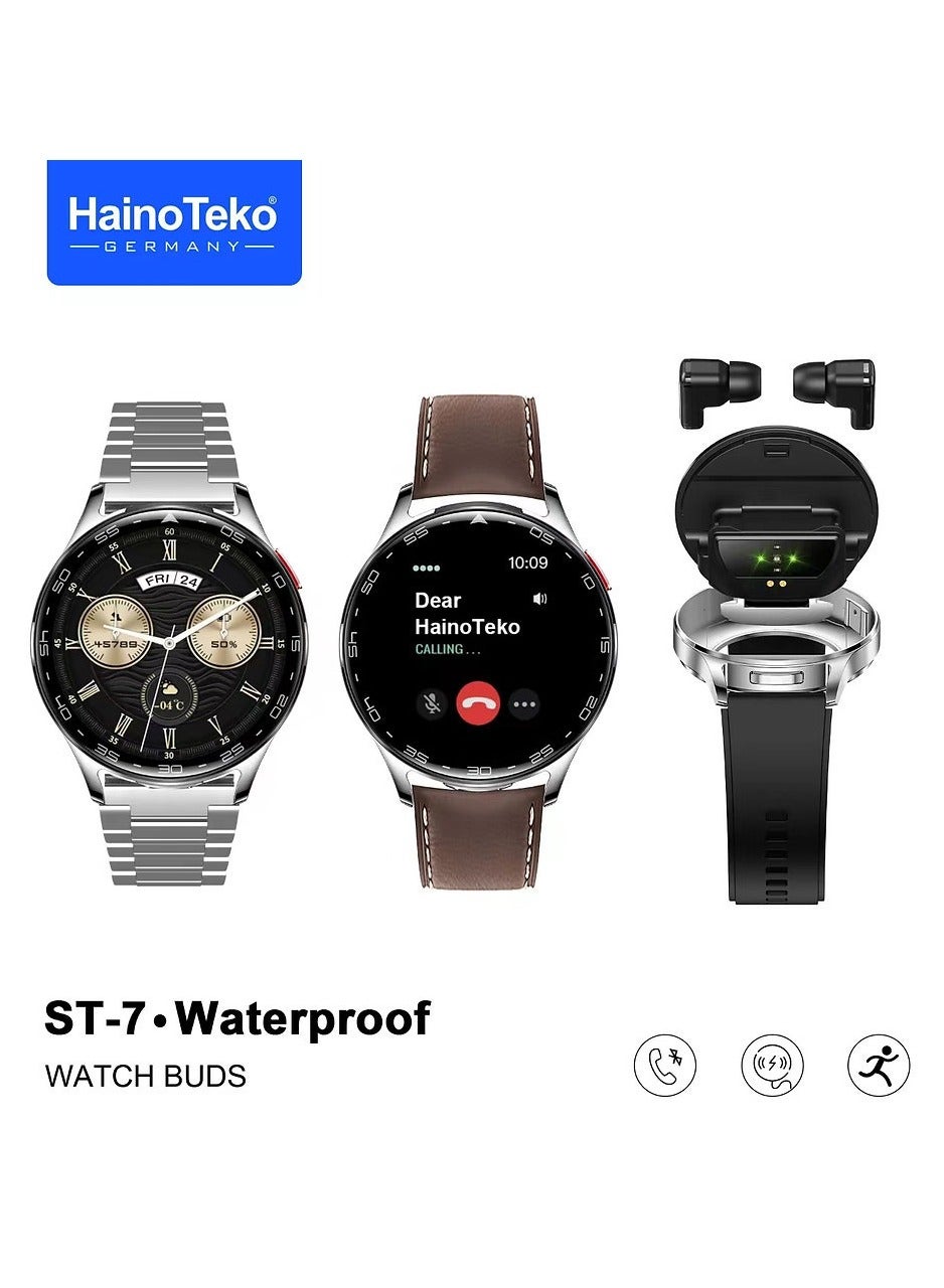 Compare HainoTeko ST7 Waterproof Smart Watch with Integrated Earbuds Large Screen AMOLED Display 3 Pair Straps and Charging Cable Silver at KSA Price