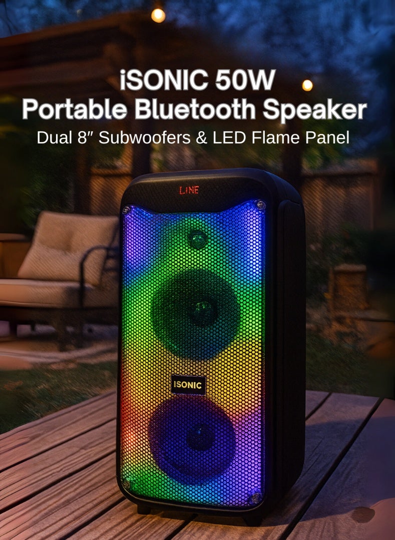 Compare IS465 Portable Bluetooth Speaker with Dual 8″ Subwoofers, 50W High Power Output, LED Flame Light Panel, USBSDFMAUX Support, Wireless Mic & Remote – Party & Home Entertainment Speaker at KSA Price