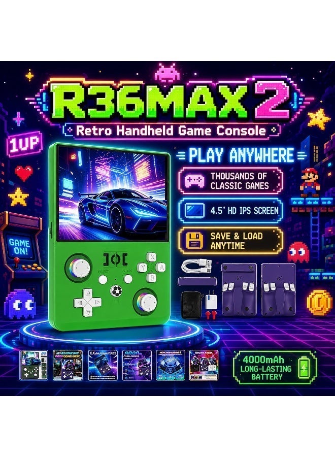 Compare R36MAX 2 Retro Handheld Game Console – 4.5” IPS HD Portable Gaming Device, 1.5GHz HighPerformance CPU, Supports 30+ Emulator Systems, Classic Retro Games Player, 4000mAh Long Battery, Green Edition at KSA Price