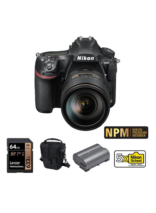 Compare Nikon D850 DSLR Camera With 24120mm F4 Lens + ENEL15B  Battery + Case + 64 GB Card + Nikon Premium Membership + 5 X Nikon School Black at KSA Price