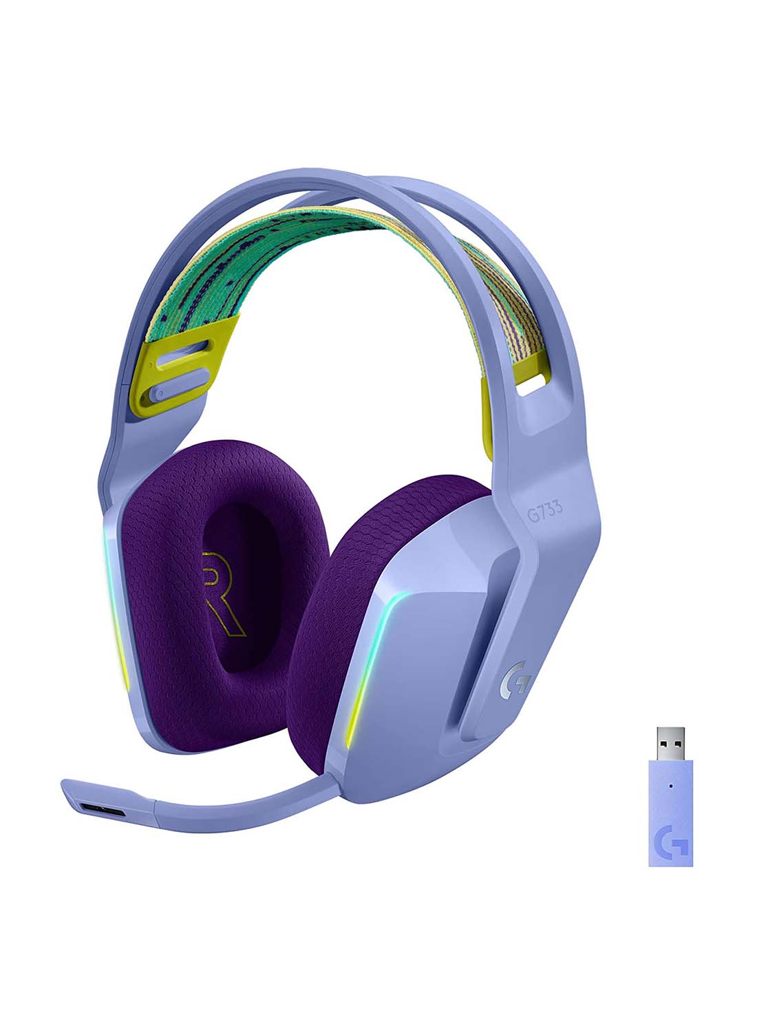 Compare G733 LIGHTSPEED Wireless Gaming Headset with suspension headband, LIGHTSYNC RGB, Blue VO!CE mic technology and PROG audio drivers  Lilac at KSA Price