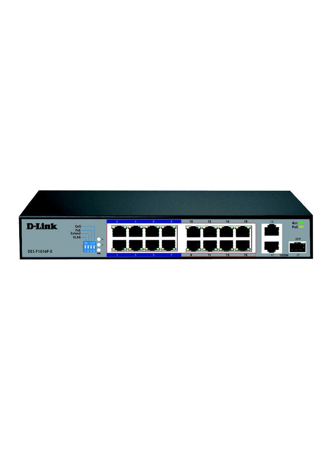 Compare 16 Port 10100 BaseT Unmanaged PoE+ Surveillance Switch, Long Range 250m, 2 Gigabit Ports With 1 Combo RJ45SFP, 150 Watts | DESF1016PE Black at KSA Price