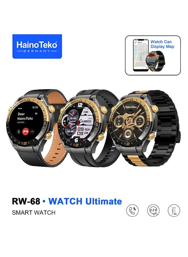 Compare RW68 Watch Ultimate Smartwatch  1.43 AMOLED Display, Bluetooth Calling, GPS Navigation, 3 Pairs Interchangeable Straps  Gold & Black Edition at KSA Price