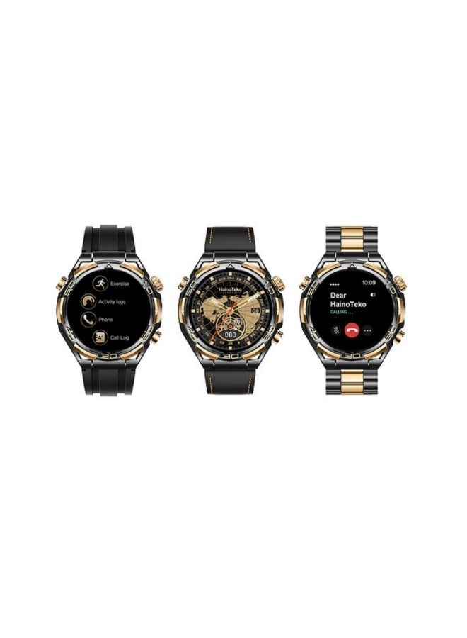 Compare RW70 AMOLED Waterproof Smart Watch with 1GB Builtin Storage 10Day Battery and 3 Pair Straps Designed for MenBlack & Gold at KSA Price