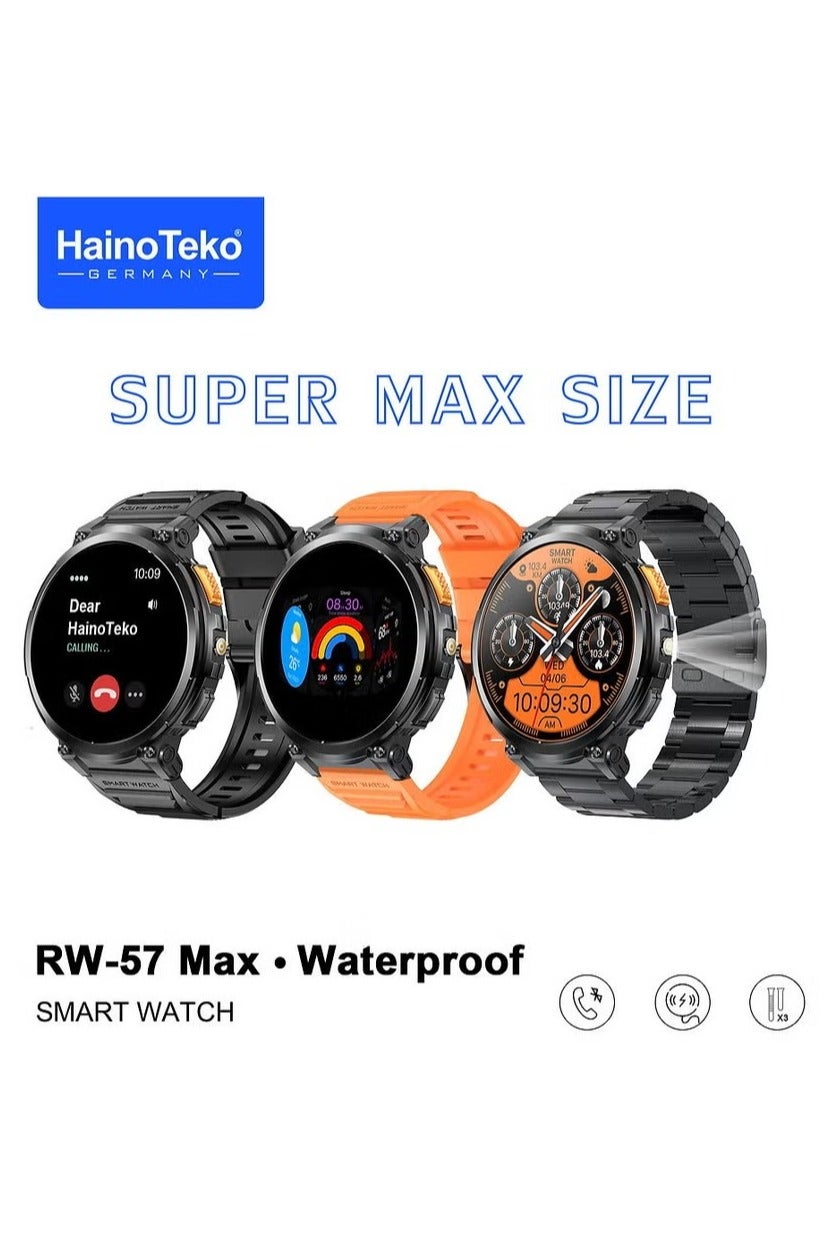 Compare Haino Teko RW57 Max Smartwatch for Men – Large AMOLED Display, Waterproof, Builtin Flashlight, 3 Straps & Charging Cable – Rugged Design at KSA Price