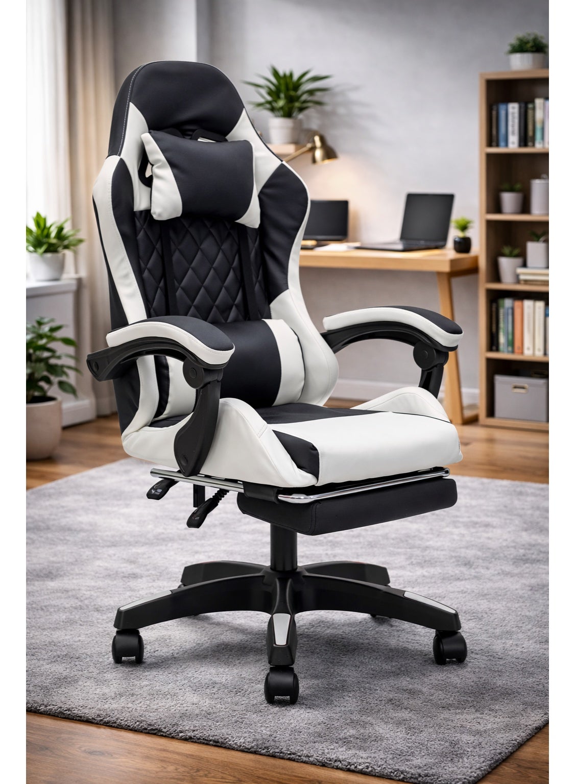 Compare Ergonomic Gaming Chair with Footrest & Adjustable Headrest – Reclining High Back Office Chair with Lumbar Support, PVC Leather Swivel Computer Chair at KSA Price