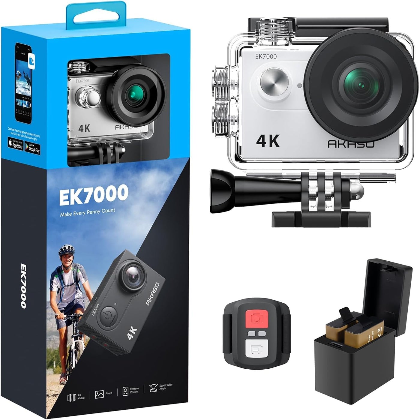 Compare AKASO EK7000 4K30FPS 20MP WiFi Action Camera with EIS Ultra HD 131FT Waterproof Underwater Camera Remote Control 4X Zoom Support External Microphone at KSA Price