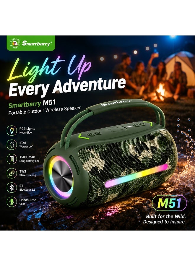 Compare Portable Outdoor Bluetooth Speaker M51, Wireless Waterproof Speaker with RGB Neon Effects, 15000mAh Battery Backup, Extra Bass Audio, Stereo TWS Mode, USB Music Playback & Calls at KSA Price