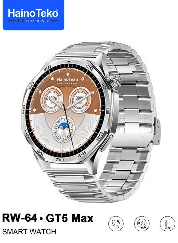 Compare RW64 GT5 Max Smartwatch with Large AMOLED Display, Voice Assistant, 3 Pair Straps – Stylish and Functional Smartwatch for Men, Silver at KSA Price