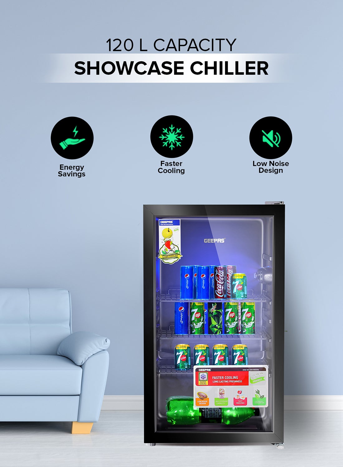 Compare Showcase Chiller 120 Quick Cooling with Low E Glass Door Low Noise and Low Voltage Consumption 120 L 60 W GSC1223 Black at KSA Price