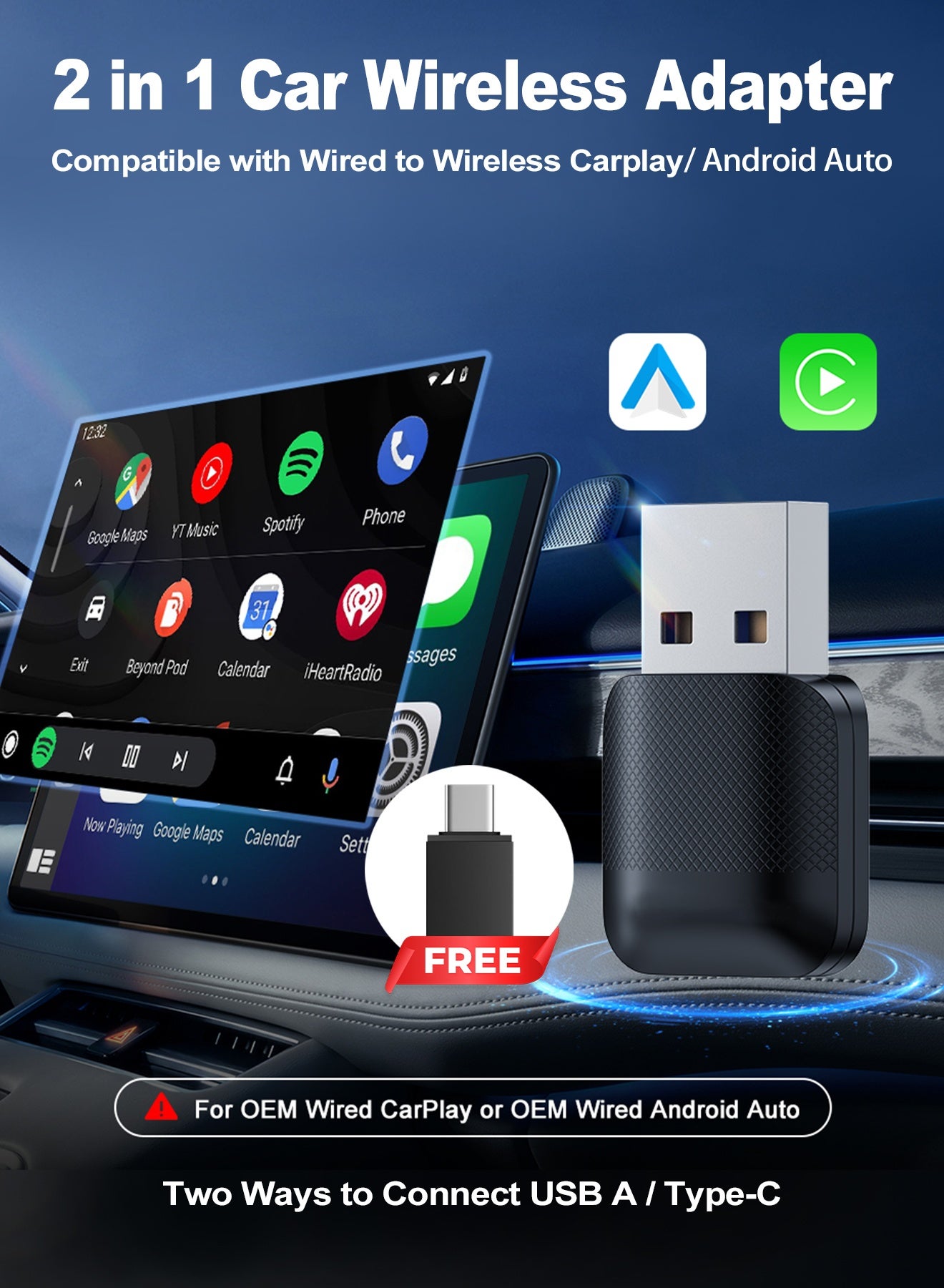 2-in-1 Wireless CarPlay & Android Auto Adapter,…