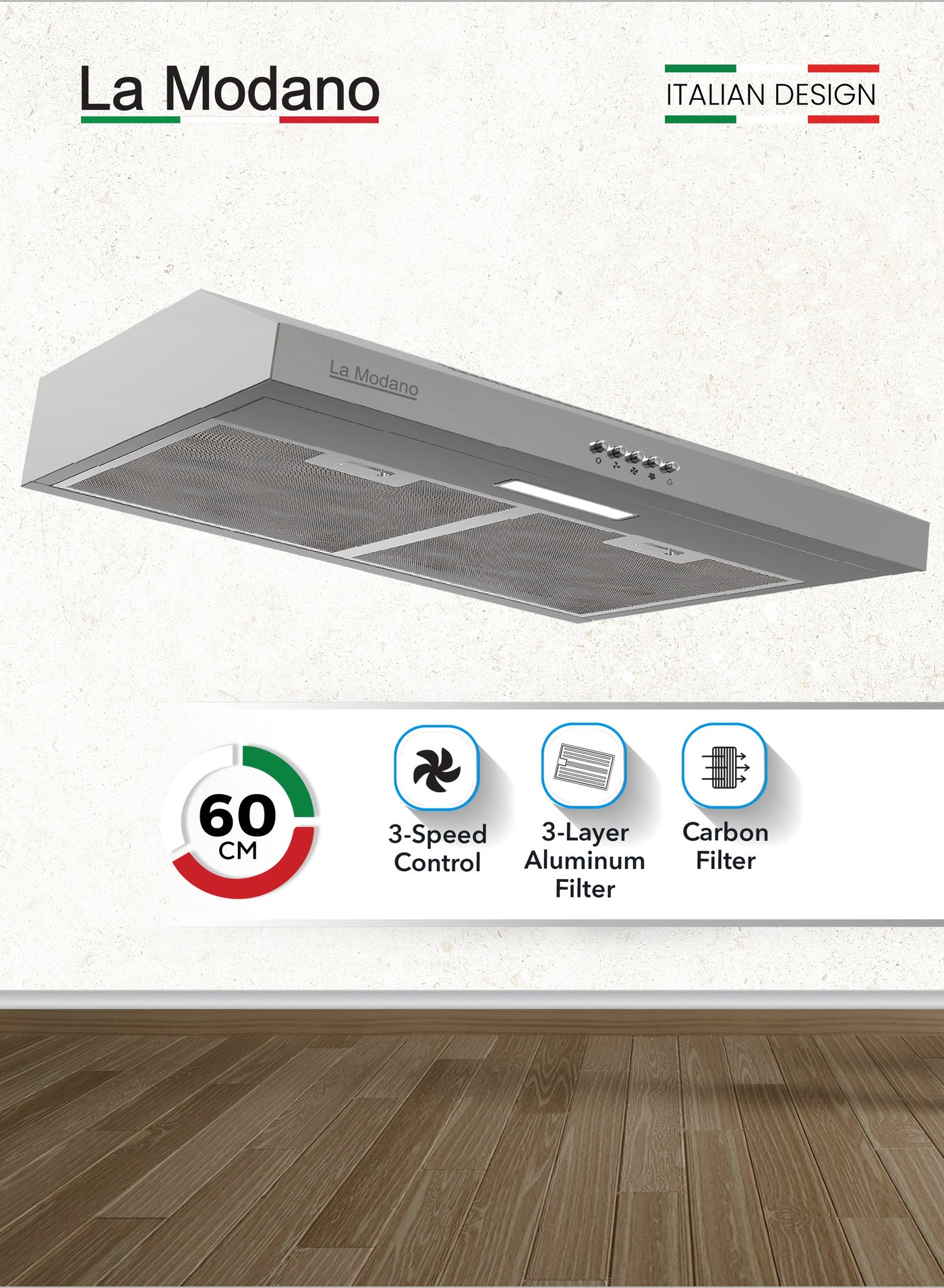 Compare LA MODANO 60cm Slim Stainless Steel BuiltIn Hood – LMCH606S with 3 Speeds, LED Light, 300m³h Airflow, Aluminum & Carbon Filters, Push Button Control  LMCH606S at KSA Price