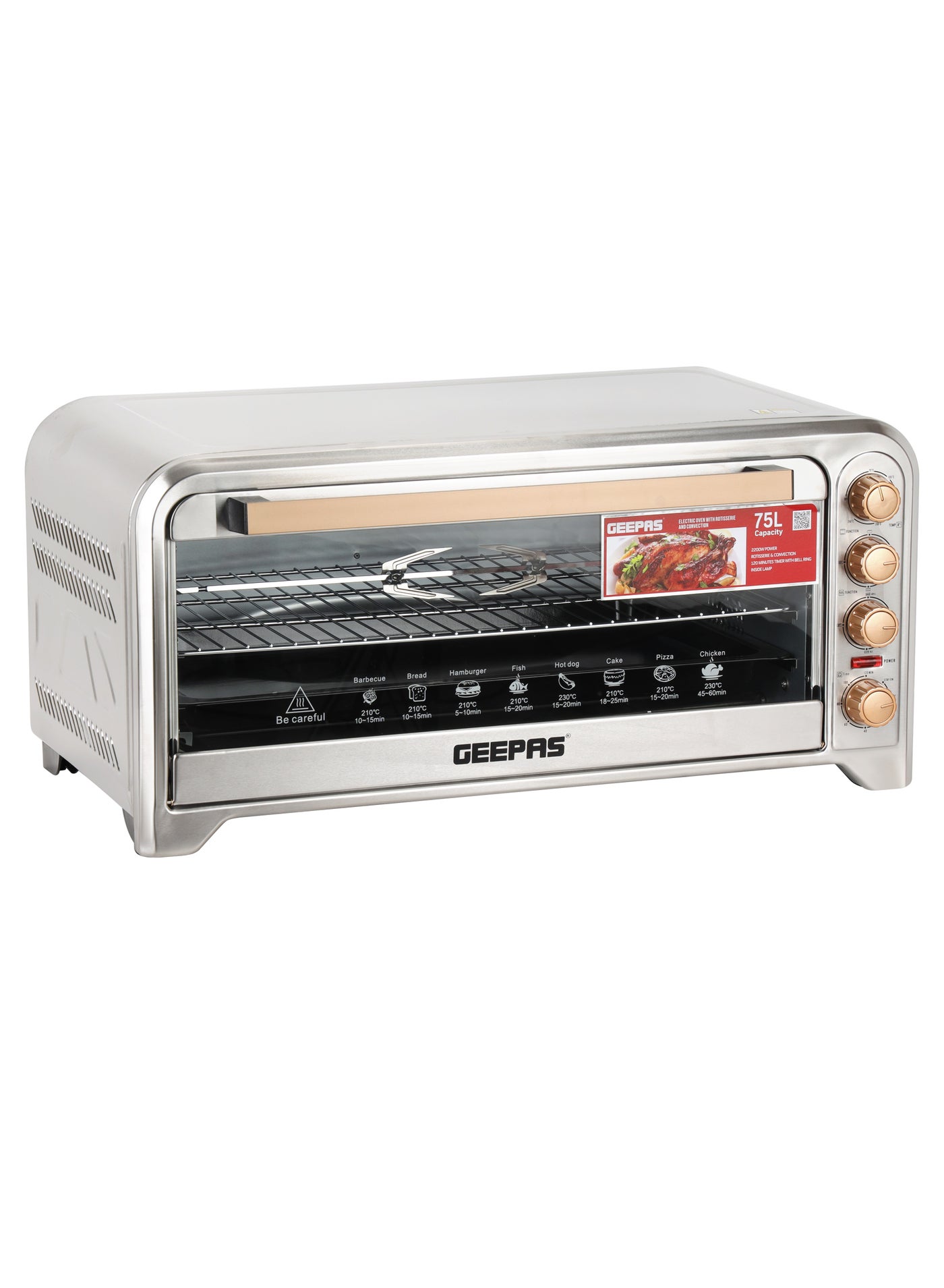 Compare 75Ltr Electric Oven Convection and Rotisserie Function| Perfect for Grilling, Toasting and Roasting| 4 Knobs and Temperature 70250Degrees Celsius| 120 Minute Timer with Bell, Inside Lamp| 2200W and Stainless Steel Heating Eleme at KSA Price