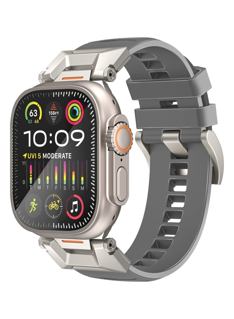 Compare Stylish Mechanical and Sporty Design Apple Watch Band with Flexible MultiHole Strap and Premium FKM FluoroRubber, Universal Compatibility with All Apple Watch Sizes and Series, LongLasting Durability SilicaBandPro Grey at KSA Price