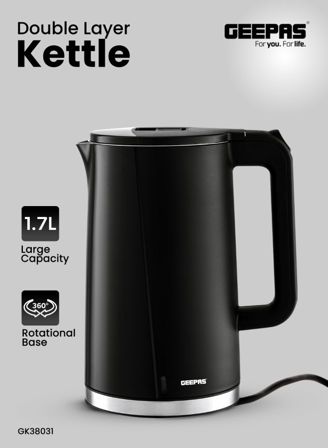 Compare 1.7L Double Layer Electric Kettle 2200W | Cool Touch Outer Body | 360° Rotational Base | Boil Dry Protection | Wide Mouth, Easy OneTouch Operation  | GK38031 Black 1.7 L 2200 W GK38031 black at KSA Price